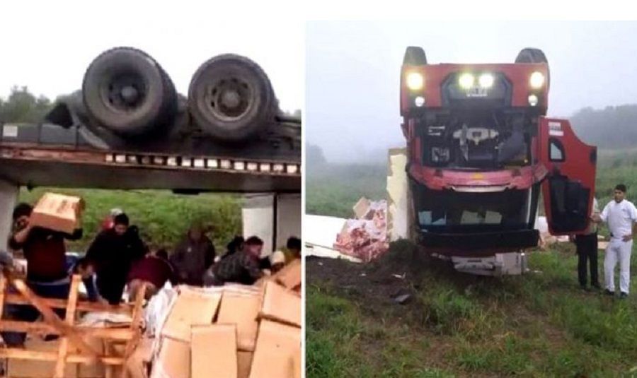 SALTA: VOLCÓ UN CAMIÓN CARGADO CON CARNE, LO SAQUEARON Y SE LLEVARON HASTA LOS GANCHOS